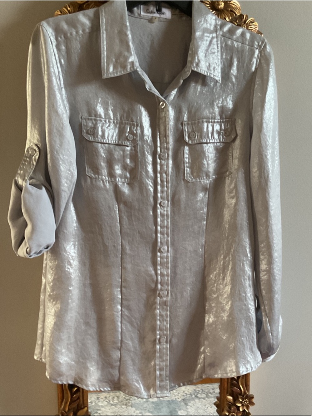 Calvin Klein Metallic Shimmery Silver Button-Front Shirt Blouse S